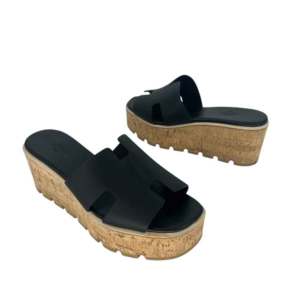 Hermès Eze 30 Cork Platform H Slide Sandals Black Leather Size 40